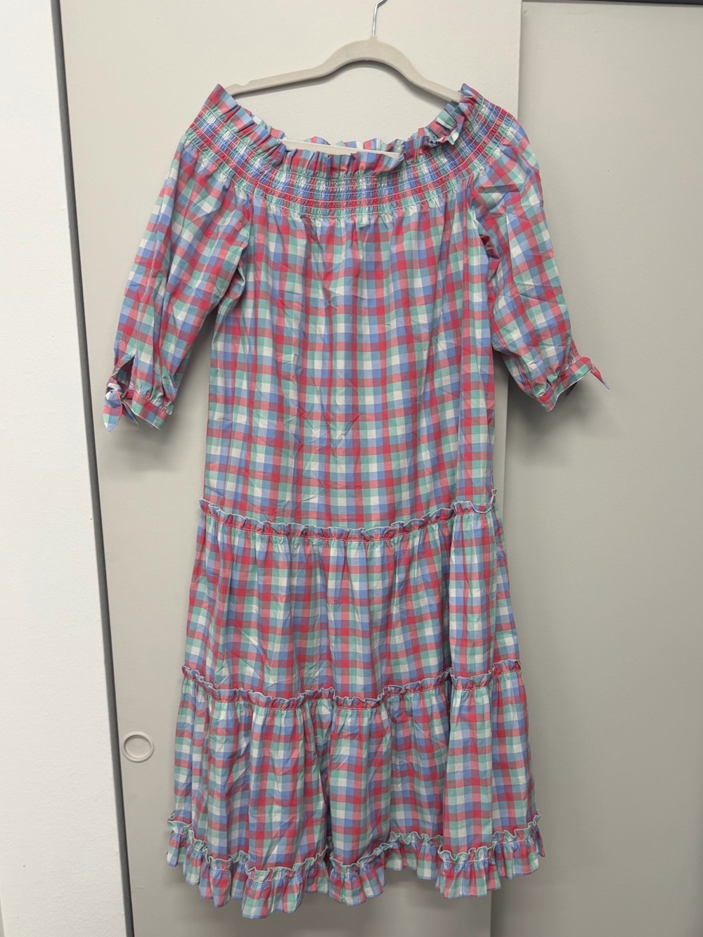 kate spade Pink and Blue Plaid Off-Shoulder Tiered Dress